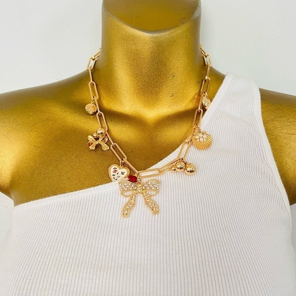 Bow tie know charm necklace gold paperclip coquette - Picture 1 of 3